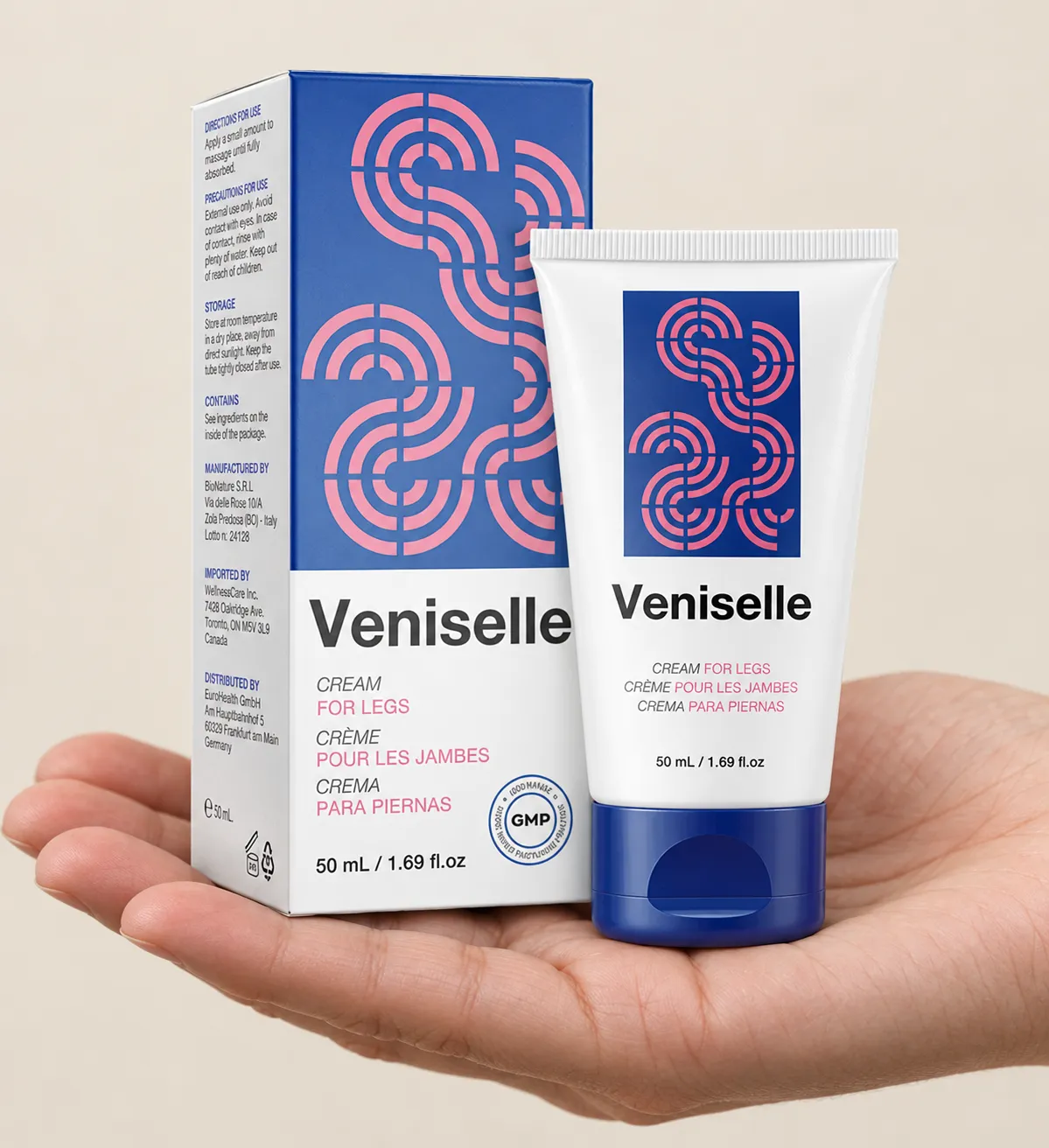 Veniselle — the package held in a hand