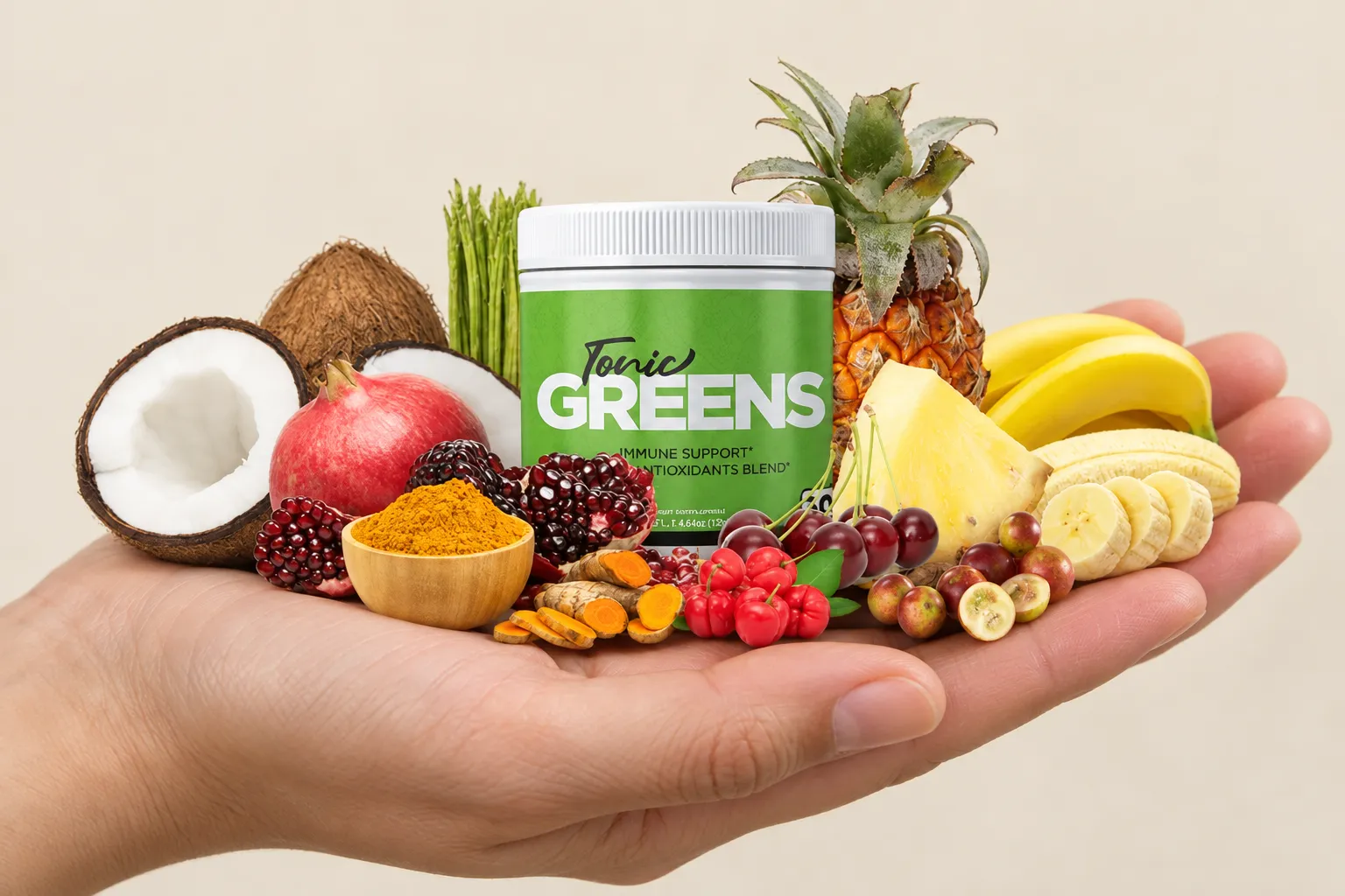 TonicGreens — the package held in a hand